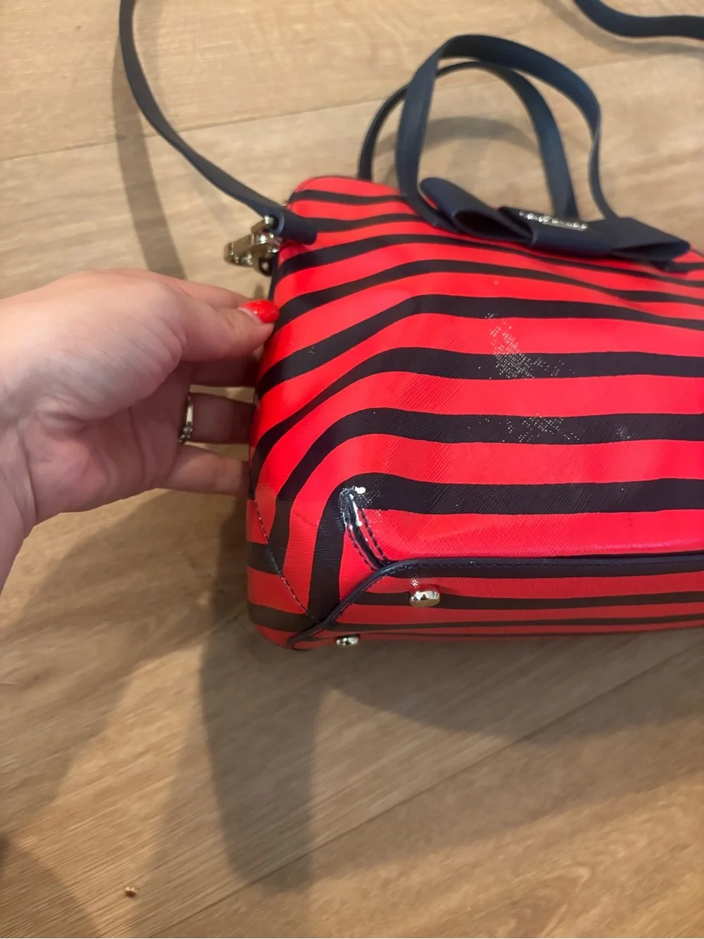 kate spade Red and Navy Striped Dome Satchel with Bow Accent